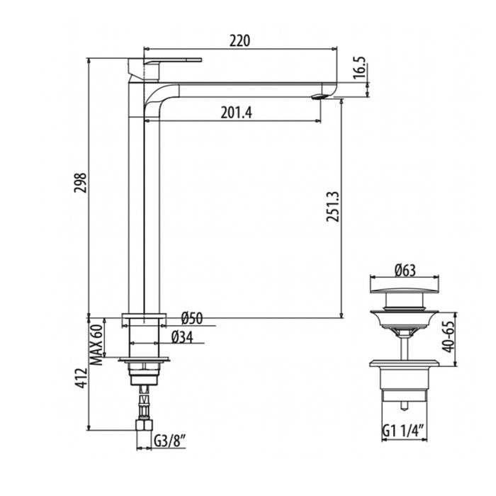 Gattoni H2Omix7000 Смеситель для раковины  высокий 298 мм, с донным клапаном, излив 201,4  мм цвет хром