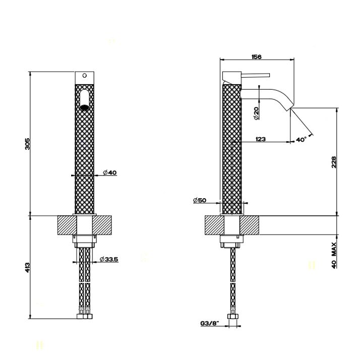 GESSI 316 Смеситель высокий для раковины на 1 отверстие без донного клапана, h=305мм , излив 123мм, цвет: steel brushed