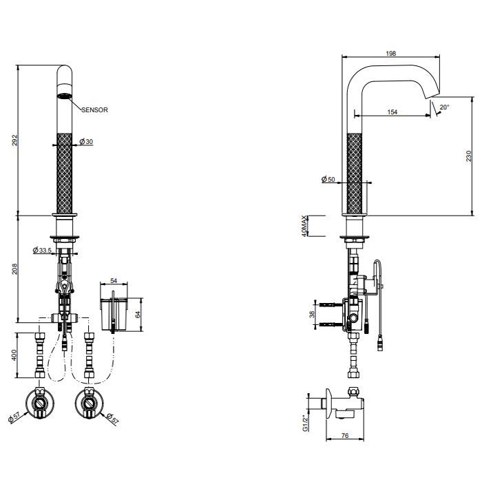 GESSI 316 INTRECCIO Смеситель для раковины, электронный, с кран-фильтром для регулировки температ и напора воды, выс излива 230 мм, цвет Steel Brushed