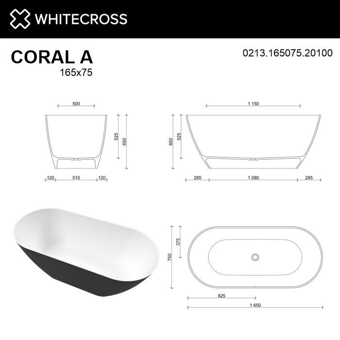 Ванна WHITECROSS Coral A 165x75 (черный/белый мат) иск. камень