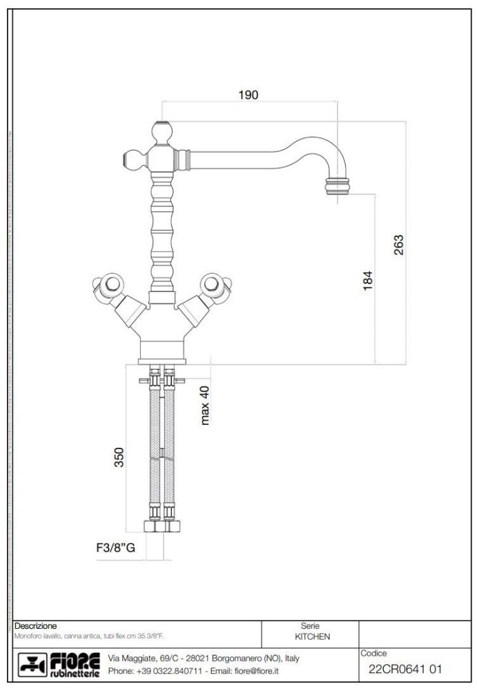 Fiore Coloniale Black, двухрычажный смеситель для кухни (поворотный излив 28 см), без донного клапана, цвет хром, артикул 22CR0641