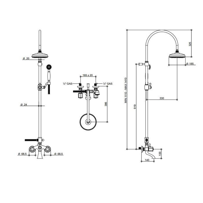 Bongio Fleur Noir Смеситель для ванны - с изливом, душевой стойкой с верхним и ручным душем, цвет хром/черный фарфор