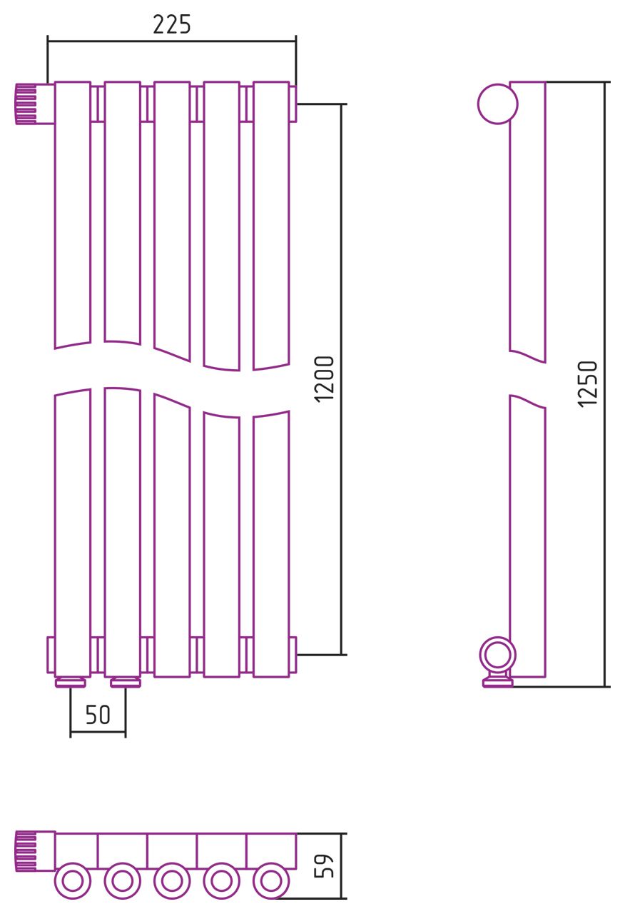 Отопительный радиатор ЭСТЕТ-0 н/ж EU50 левый 1200х225 / 5 сек (Состаренная латунь)