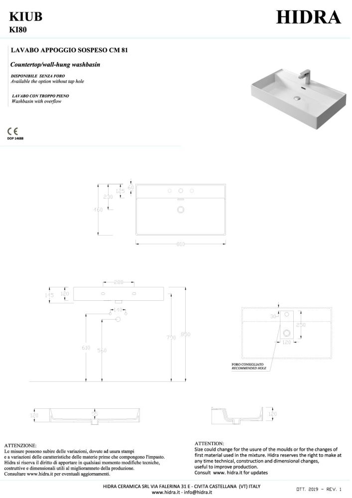 Hidra Kiub, накладная/подвесная прямоугольная раковина 81x46x12h см, цвет белый матовый, артикул KI80/006