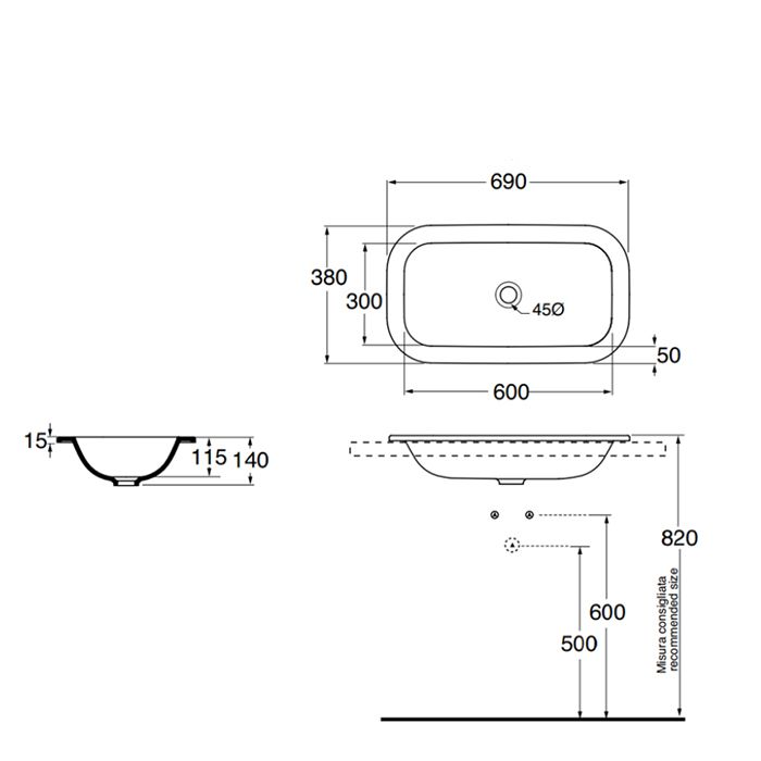 AZZURRA GLAZE Раковина встраиваемая на столешн. без отв. под смеситель 69x38см, цвет белый