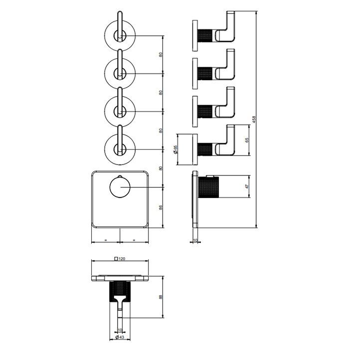 GESSI INCISO Встраиваемый термостатический смеситель на 4 источника, резьба 3/4" (внешние части), цвет: золото