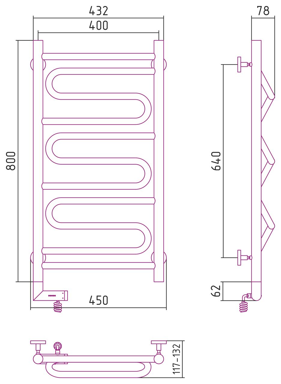 Полотенцесушитель электрический "ЭЛЕГИЯ 2.0" 800х400 / МЭМ левый (Без покрытия)
