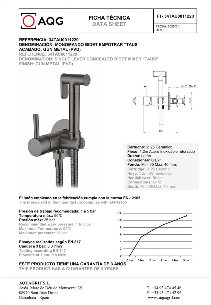 AQG, комплект гигиенического душа TAUS со смесителем на холодную и горячую воду, цвет оружейная сталь (PVD), артикул 34TAU0011220