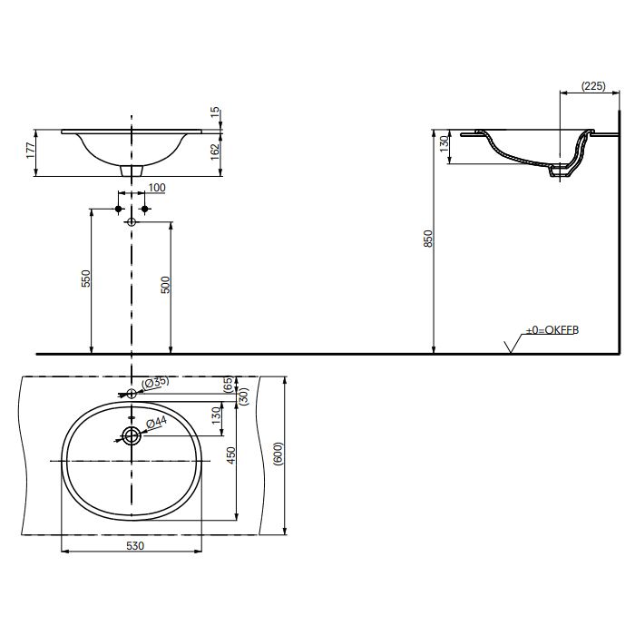 TOTO PUBLIC Раковина 530x450x177мм, встраиваемая сверху, без отв.под смеситель, с переливом, CeFiONtect, цвет:  белый