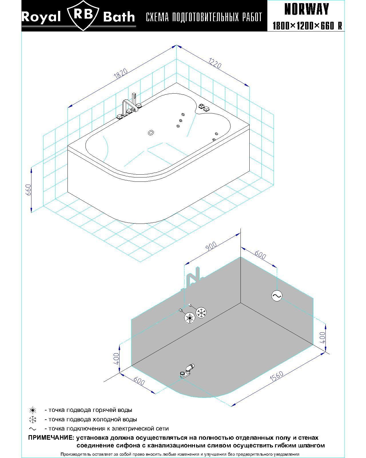 Гидромассажная ванна Royal Bath NORWAY COMFORT 180х120х66 R