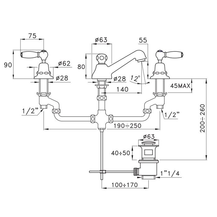 Stella Italica Leve Смеситель для раковины на 3 отверстия 3224P, с донным клапаном, цвет: хром