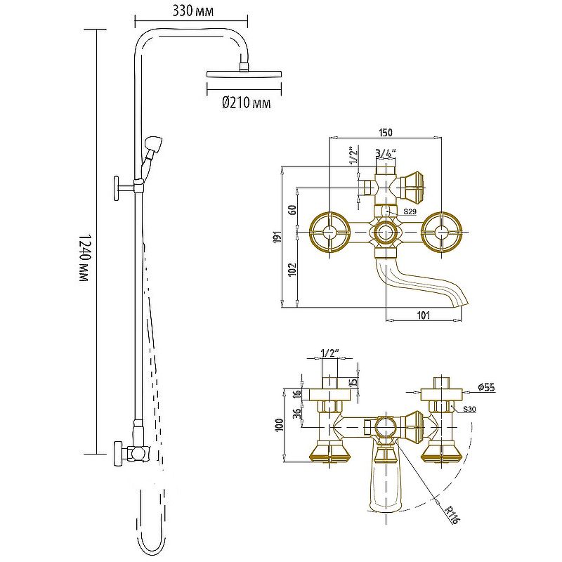 Душевая система Bronze de Luxe Royal 10121DF Бронза