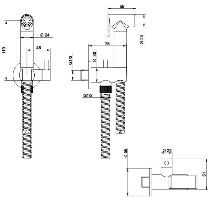 Bongio Time 2020 Гигиенический душ с запорным вентилем, нержавеющая сталь