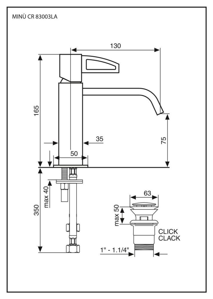 Emmevi Minu, однорычажный смеситель для раковины, ручка со стержнем (излив 13 см), с донным клапаном click-clack, цвет хром