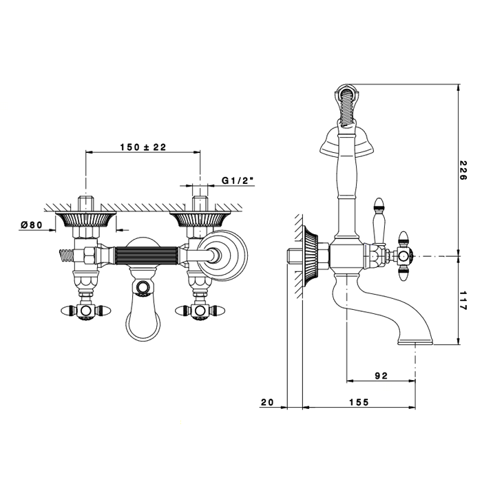 Nicolazzi Impero Смеситель для ванны с душем на 2 отверстия, настенный, излив: 155 мм, цвет: хром