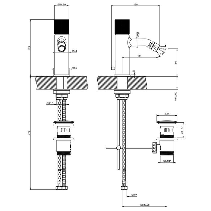 GESSI HABITO DIAMANTATO Смеситель для биде на 1 отверстие, однорычажный, в комплекте с донным клапаном, цвет хром