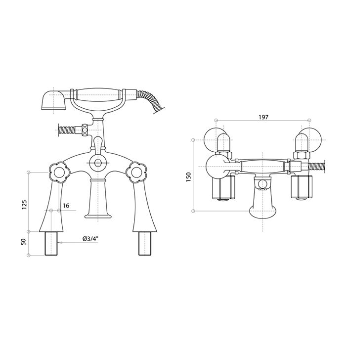 Bongio Fleur Noir Смеситель на борт ванны (2 отв.) с ручным душем, цвет хром/черный фарфор