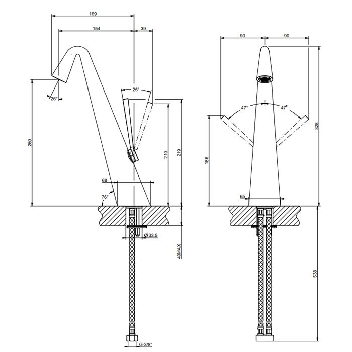 Gessi Cono Смеситель для раковины  высокий,соединительные шланги на 3/8, цвет хром