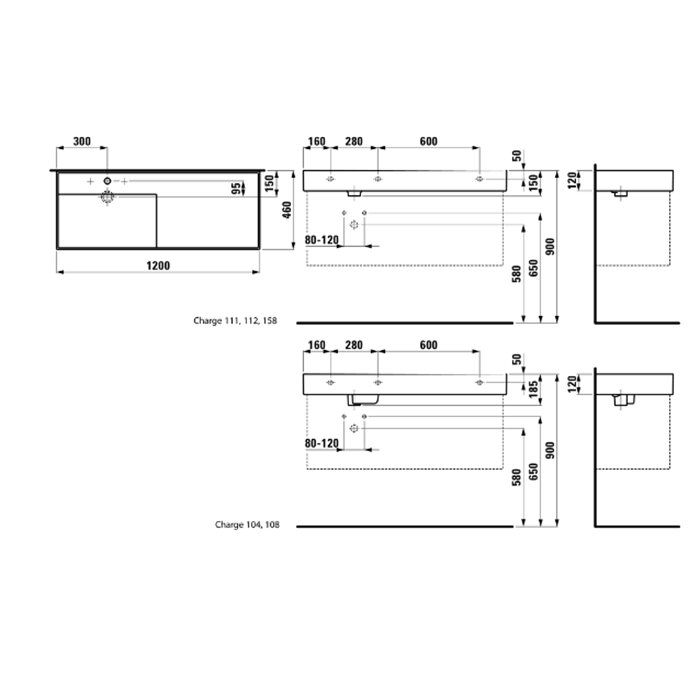 Laufen Kartell Раковина 1200х460х120мм без перелива, с 1 отв. под смеситель, со скр сливом, полка справа, с покр. LLC, цвет: белый