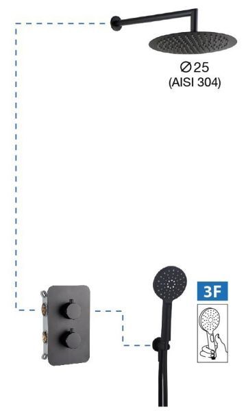 AQG Aqua, душевой комплект на 2 потребителя:c термостатом, с круглым верхним душем 25х25 см и кронштейном, цвет черный матовый
