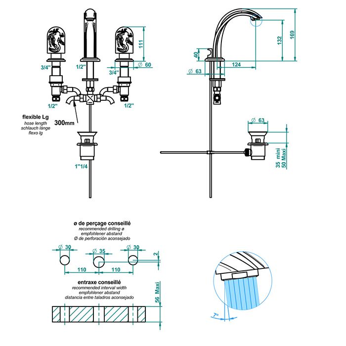 THG NAIADE Смеситель для раковины на 3 отверстия, с донным клапаном, цвет хром