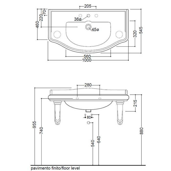 KERASAN Retro, раковина 100*54,5см с 3 отв., цвет: черный блестящий