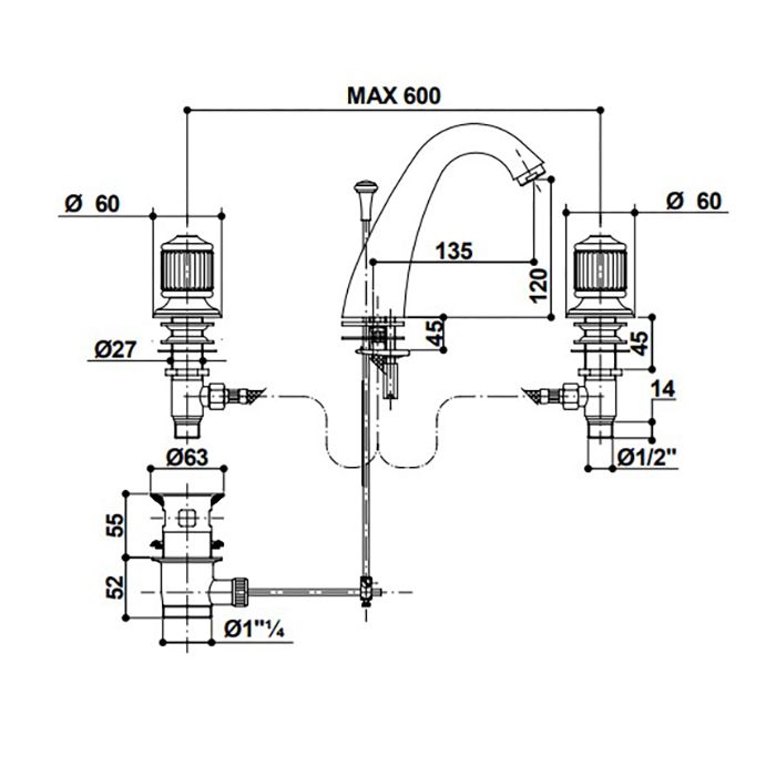 BONGIO CRISTALLO Смеситель для раковины на 3 отверстия, с донным клапаном, ручки стекло белое, цвет золото