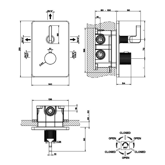 GESSI INCISO Термостатический смеситель на 3 источника (внешняя часть), цвет: золото