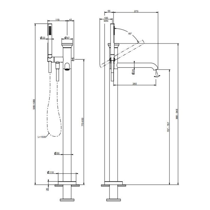GESSI Origini Смеситель  наполньный для ванны, с ручной лейкой, в комплекте вставка., цвет: Brushed Brass PVD