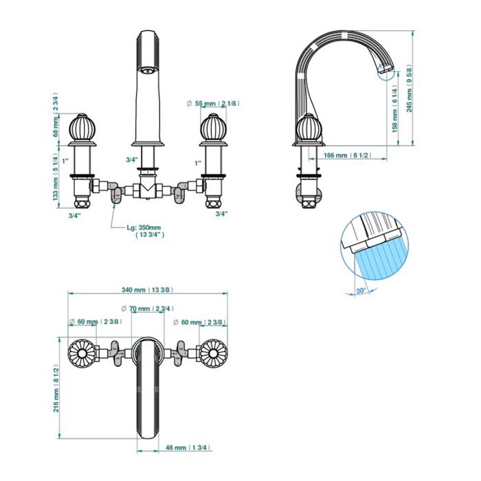 THG MANDARINE CRISTAL CLEAR Смеситель для установки на борт ванны на 3 отверстия, без ручного душа, цвет полированное золото