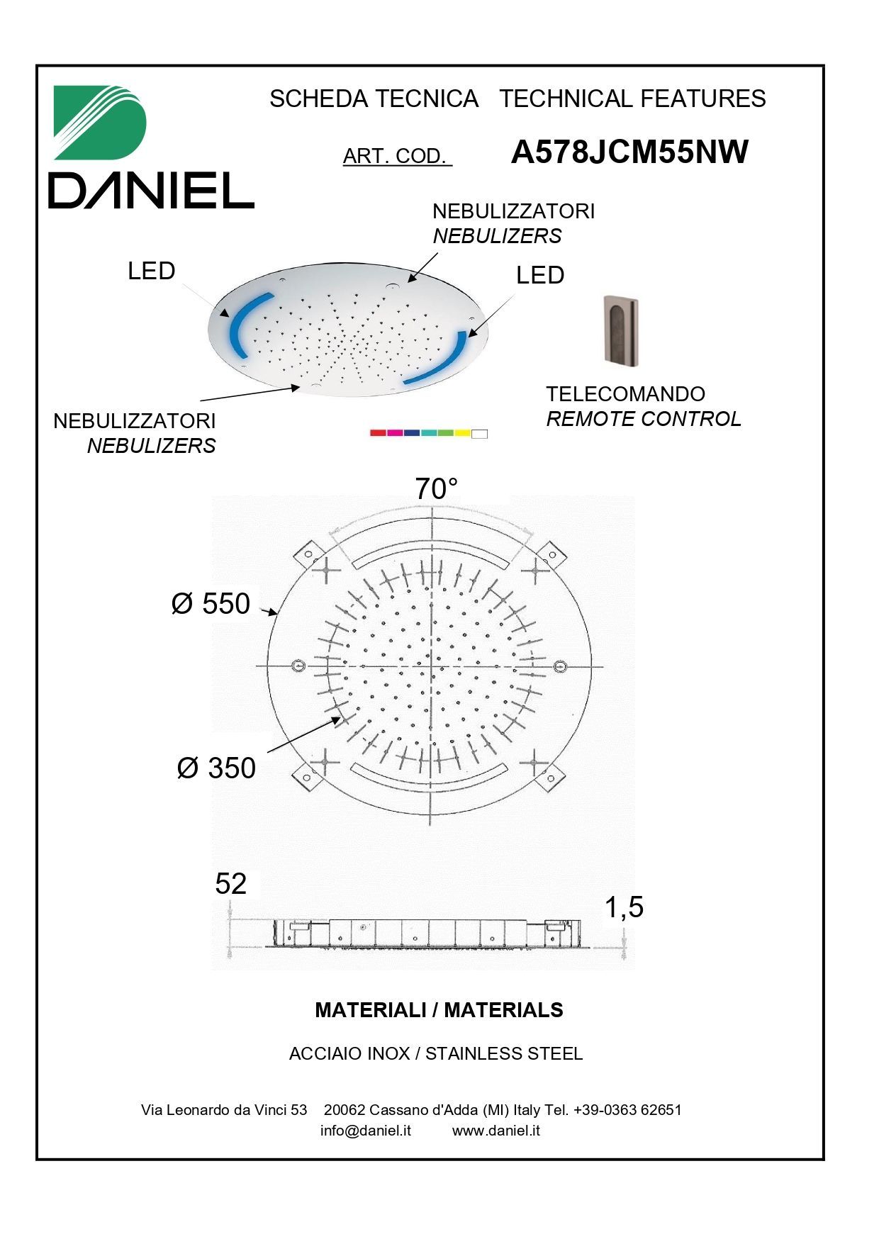 Daniel, потолочная лейка для душа (3х режимная) с 7 цветной светодиодной подсветкой, диаметр 550 мм, цвет хром