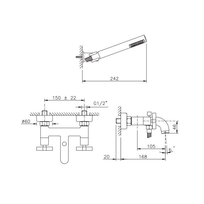 Nicolazzi Monte Croce Смеситель для ванны с 2мя ручками, с переключателем ванна/душ, + комплект руч. душа, цвет: золото