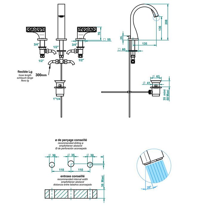 THG GINKGO Смеситель для раковины на 3 отверстия, с донным клапаном, цвет полированное золото