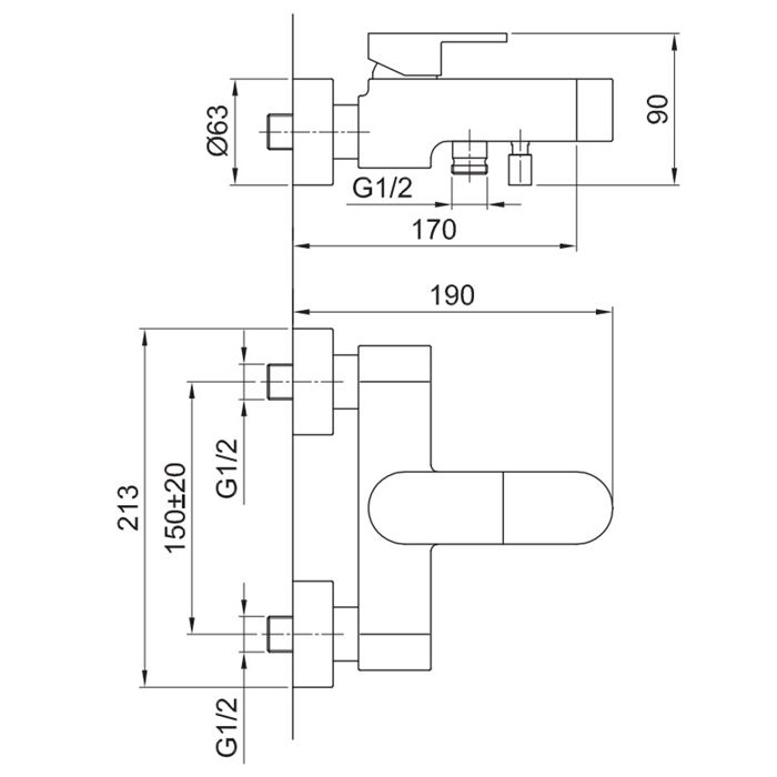 Fantini Mare Смеситель для ванны, настенный, на 2 источника, излив 170мм, с ручн.душем, цвет: хром