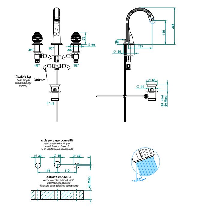 THG MARQUISE BLANC DECOR PLATINE Смеситель для раковины на 3 отверстия, с донным клапаном, ручки белые, декор платина, цвет хром