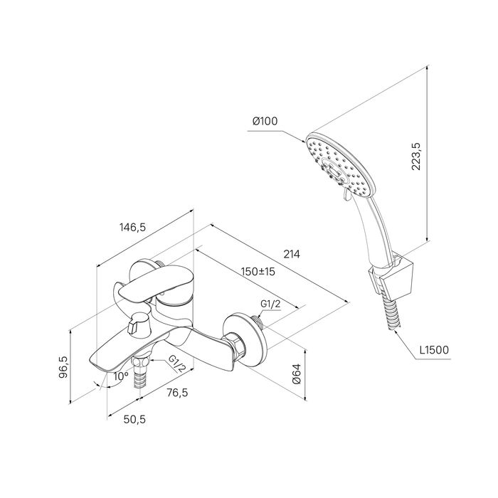 Смеситель для ванны и душа (RORSB00M02), артикул RORSB00M02