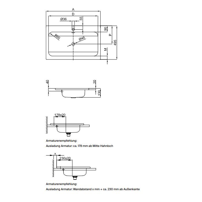 BETTE One Раковина встраиваемая на столешницу 600×495×130 мм, без отв под смес.с перел. с крепл. в компл.цвет белый