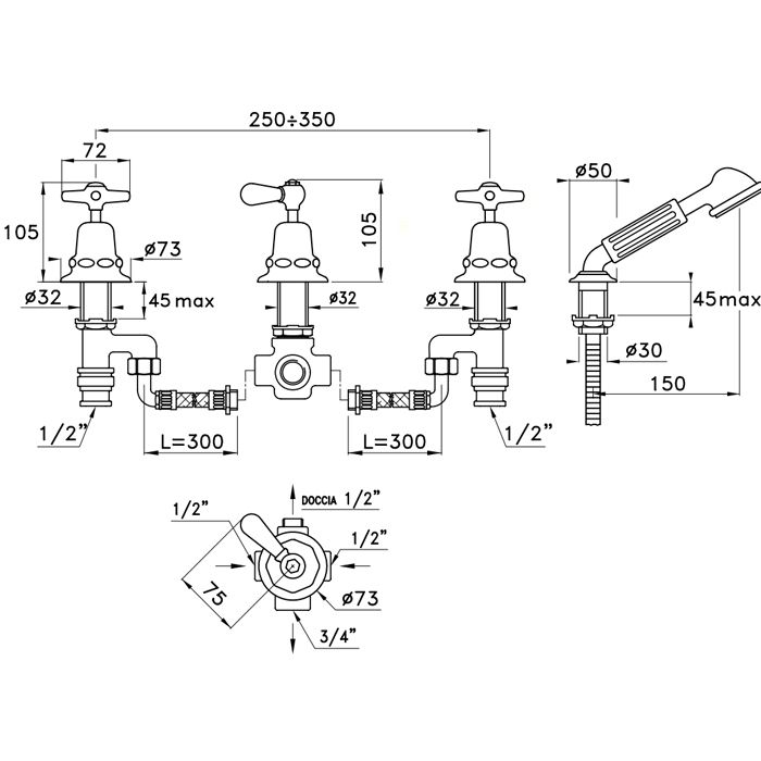 Stella Italica Смеситель на борт ванны на 4 отверстия 3256TR без излива, цвет: хром