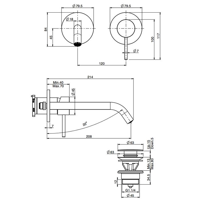 FIMA|Carlo Frattini SPILLO UP Смеситель для раковины настенный, однорычажный, излив 210 мм., без донного клапана, внешняя часть, цвет хром FIMA|Carlo Frattini SPILLO UP Смеситель для раковины настенный, однорычажный, излив 210 мм., без донного клапана, внешняя часть, цвет хром