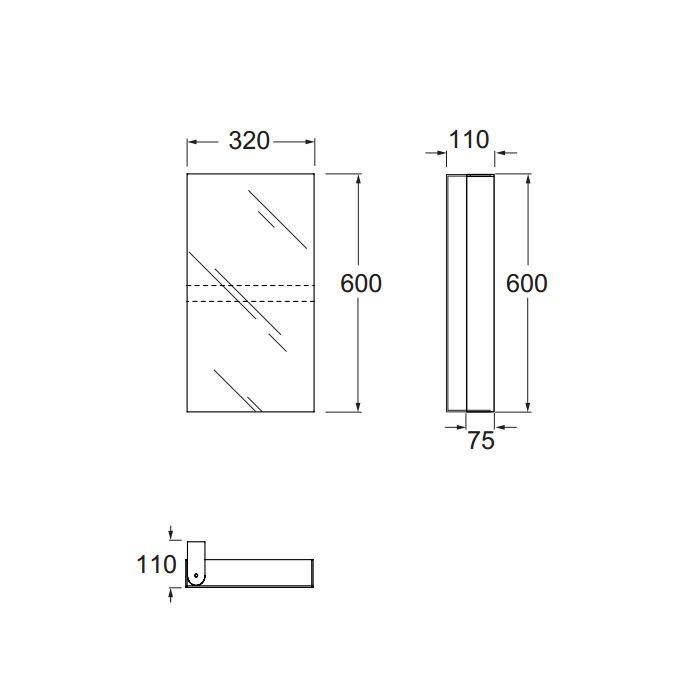 Azzurra Зеркальный шкаф - одностворчатый с внутренними полочками 320xh600x110 мм, открывание на 180 градусов.