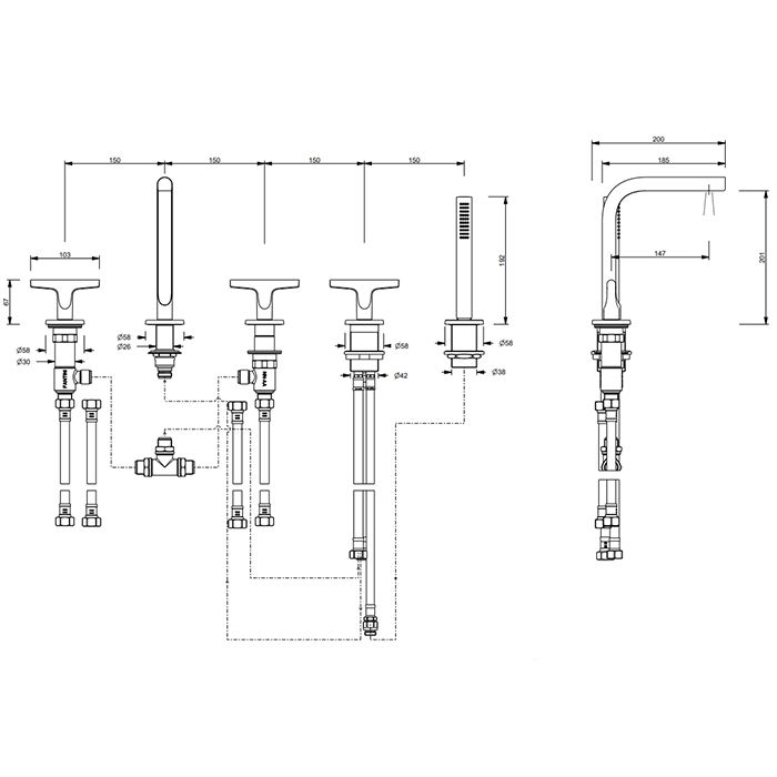 FANTINI SAILING Смеситель для установки на борт ванны на 5 отверстий, с изливом, ручным душем и шлангом 1500 мм., цвет Deep Black PVD
