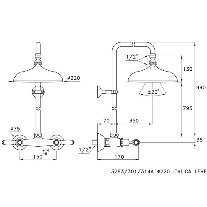 Stella Italica Leve Душевой комплект 3283/301/314A-220: смеситель, штанга+верхний душ 220мм, цвет: хром