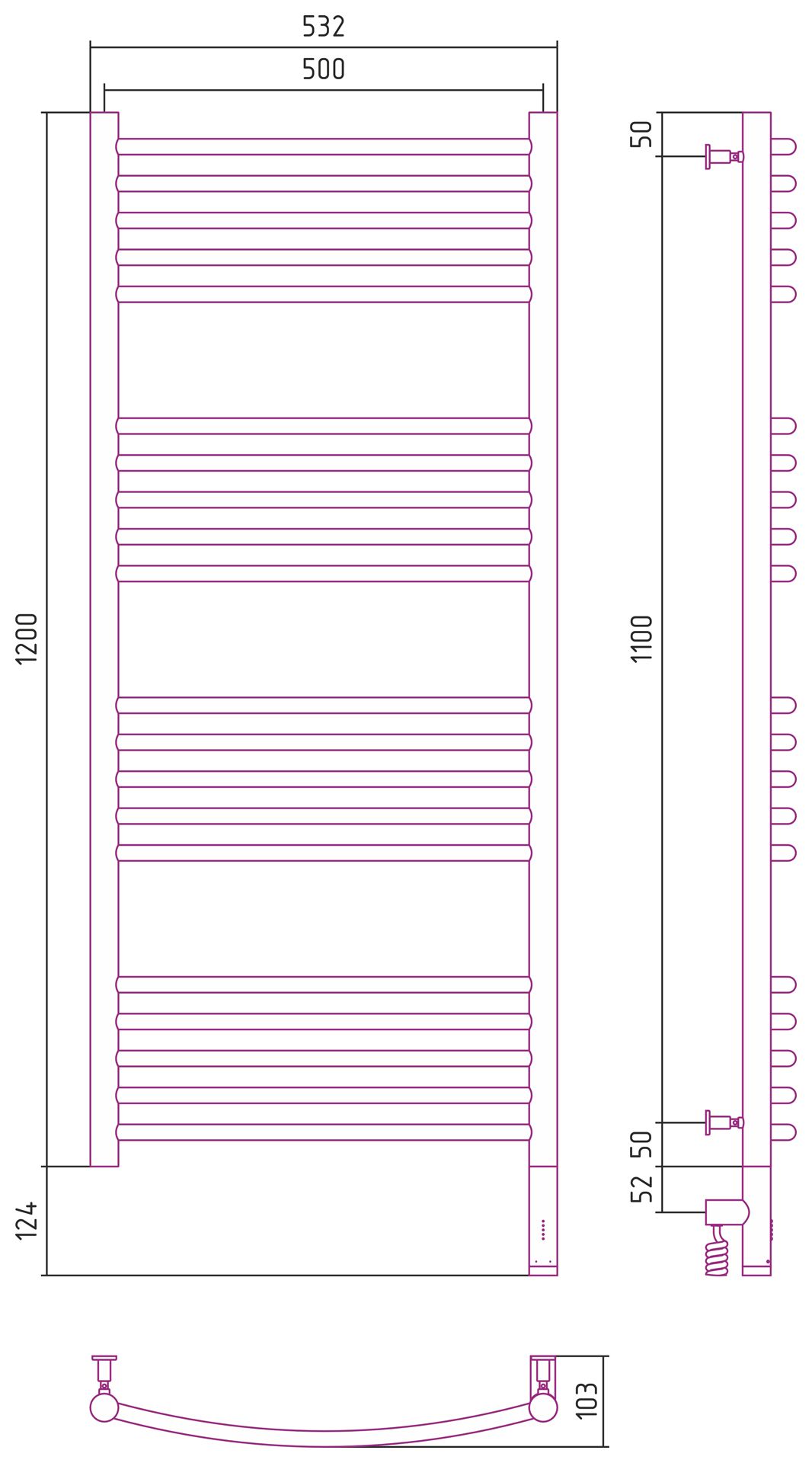 Полотенцесушитель электрический "БОГЕМА 3.0" 1200х500 / МЭМ правый (Золото)