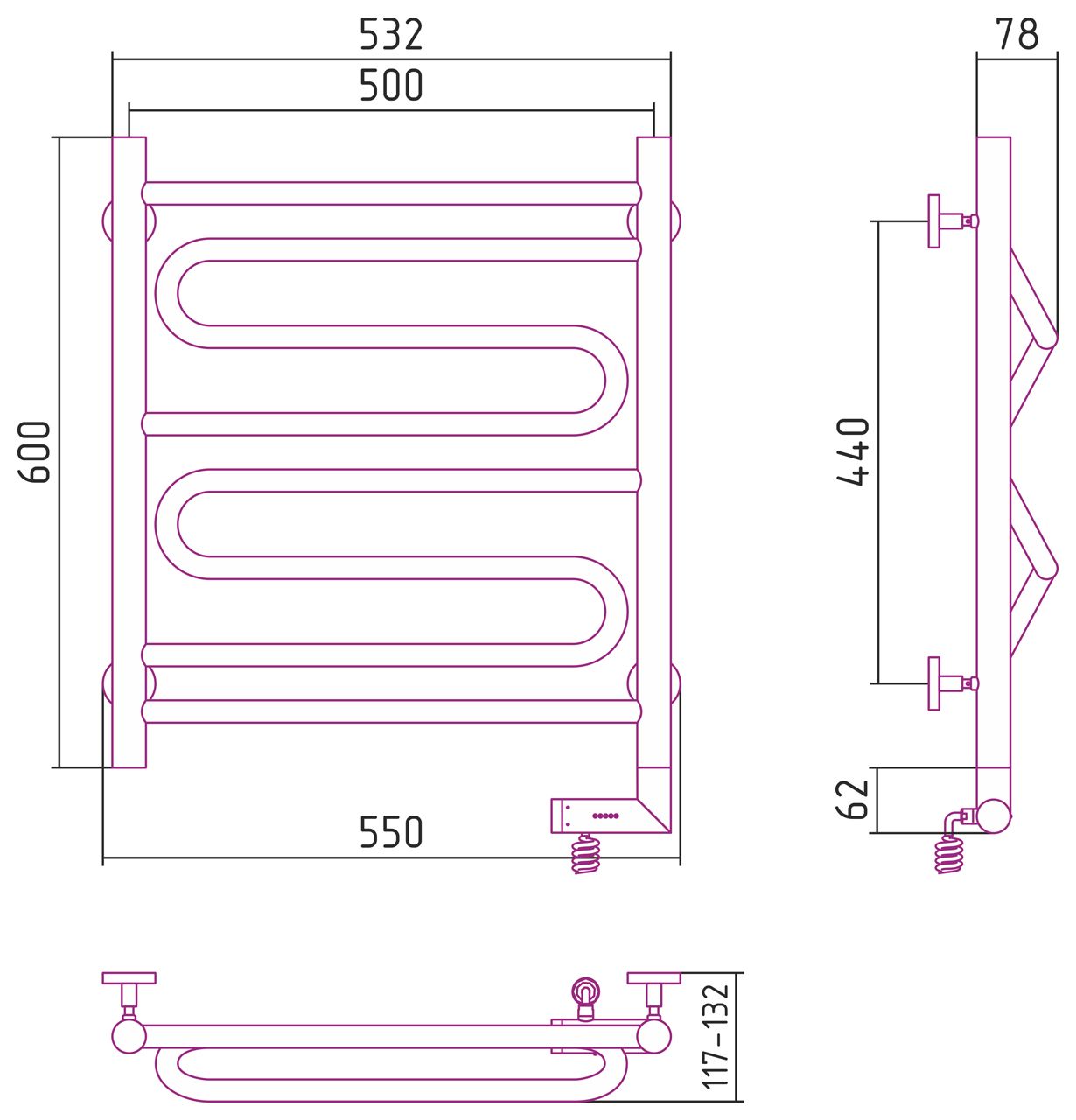 Полотенцесушитель электрический "ЭЛЕГИЯ 2.0" 600х500 / МЭМ правый (Золото)
