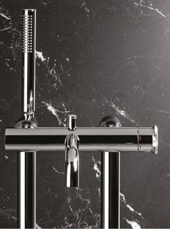 Emmevi Filobrass, однорычажный напольный смеситель для ванны на 2-х ногах (излив 18,5 см), рукоятка без стержня, c набором для душа, цвет хром, артикул 8500128ZI/CR