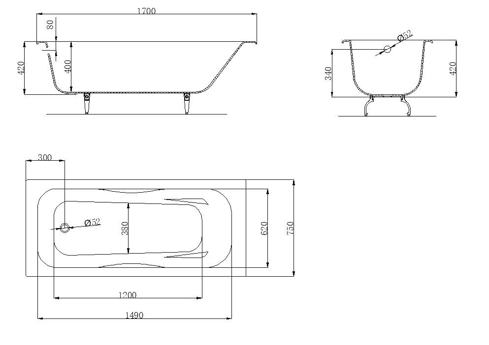 Бьёрн ванна чугунная 1700*750 б/п, без ручек, ножки в комплекте