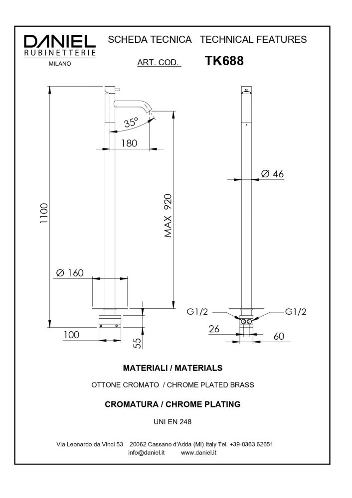 Daniel Tokyo, однорычажный напольный смеситель для раковины (излив 18 см), цвет хром