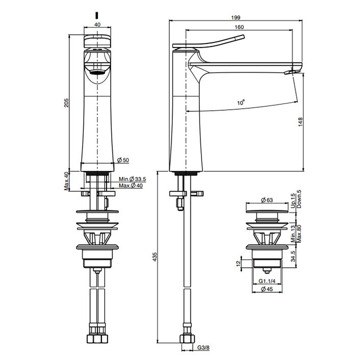 Смеситель для раковины, Fima Carlo Frattini, Flo', тип открывания воды-однорычажный, монтаж-на раковину/столешницу, отверстия для монтажа-1, высота, мм-205, вынос излива, мм-160, тип излива-высокий, донный клапан-есть, тип подводки-гибкая, стандарт подвод