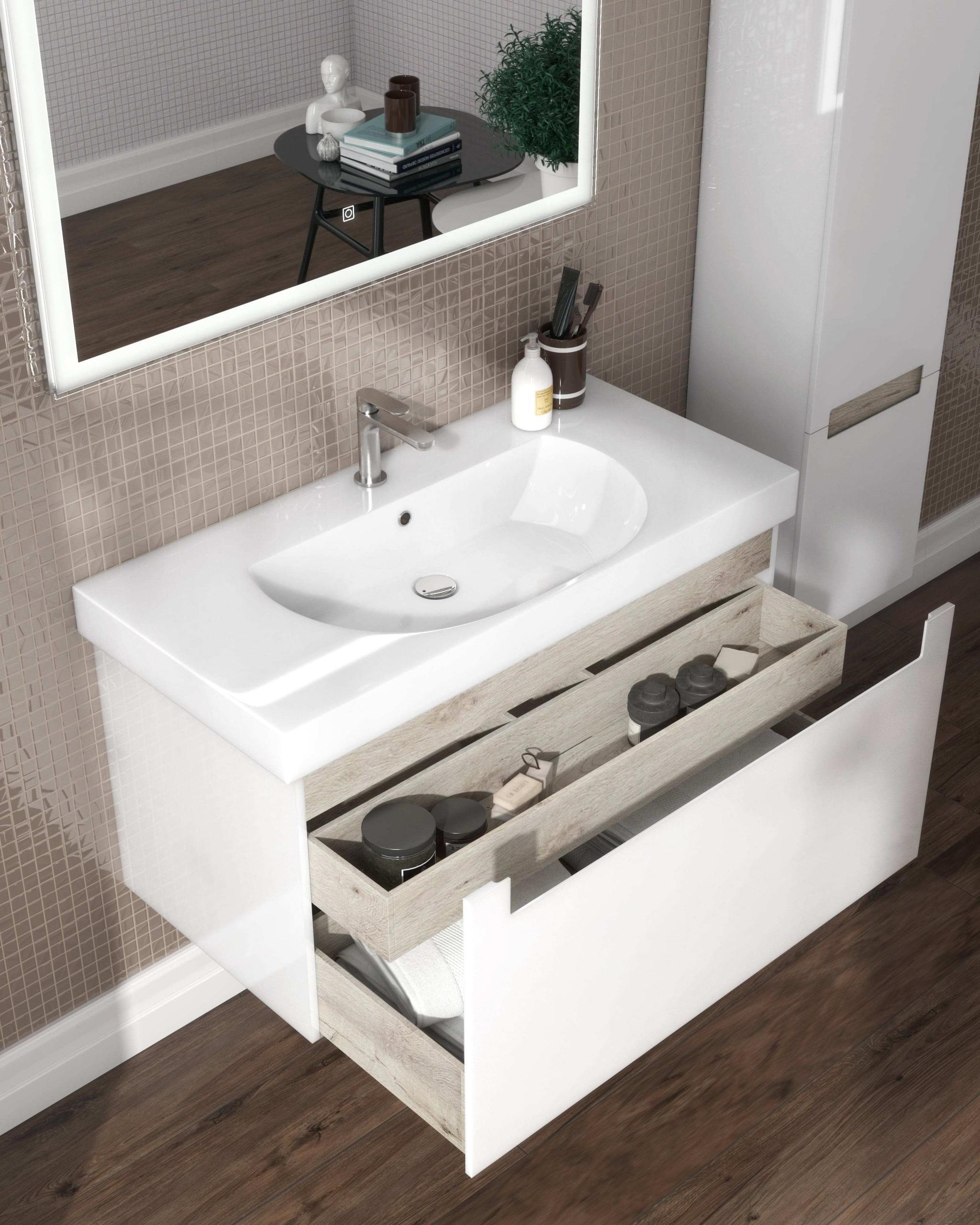 Тумба BUONGIORNO PLUS подвесная с ящиками 100, белая глянцевая-дуб Кантри