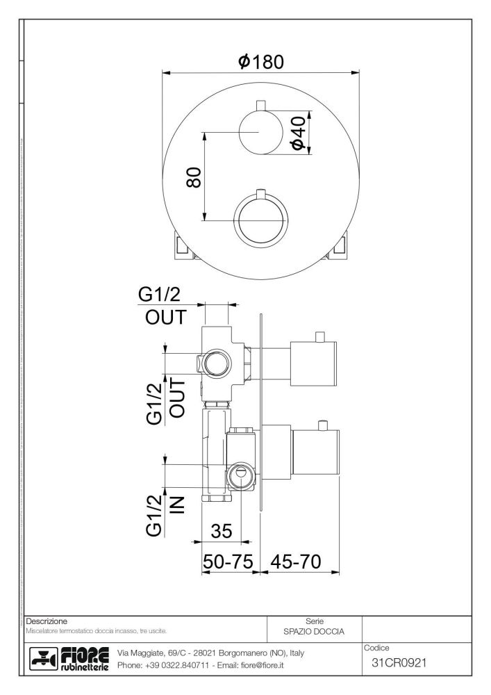 Fiore X-Termo, встраиваемый в стену смеситель для душа на 3 выхода, с термостатом (круглая панель и ручки), цвет хром, артикул 31CR0921